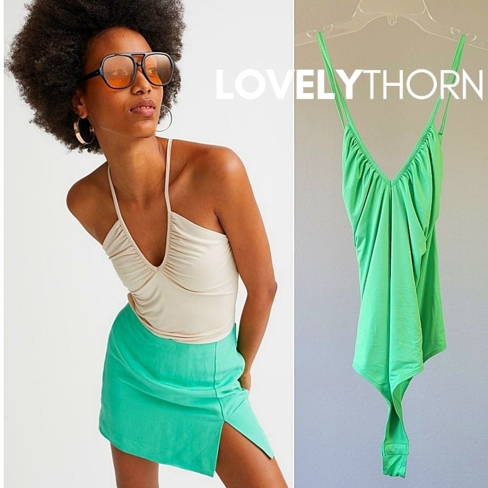 H&M // silky sheen jersey strappy plunge cross-back thong bodysuit in green